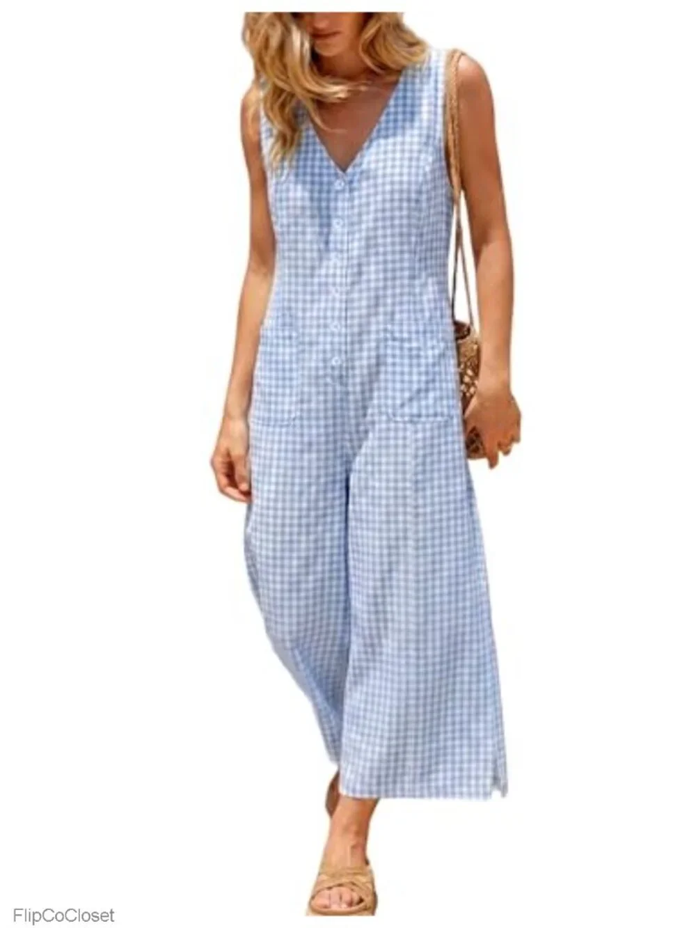 Women's Sleeveless Plaid Jumpsuit Casual Wide Leg Romper with Pockets